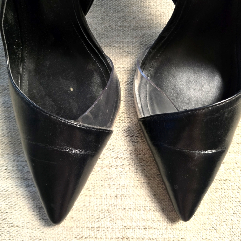 Schutz • Emma Black Leather and Clear Vinyl Pointed-Toe Slingback Pumps Sz 8 - Picture 4 of 11